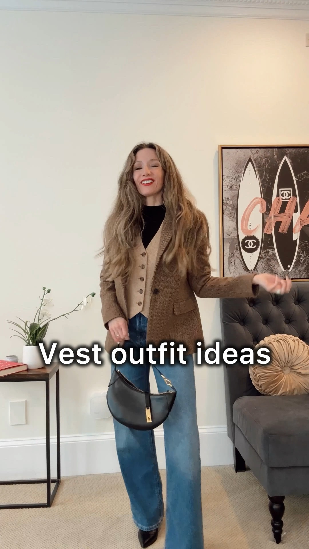 Vest outfit ideas for fall!
1) wide leg jeans, tweed blazer, vest
2) knee high boots, dark denim shirt under and matching jeans with vest
3) ivory trouser, vest and camel blazer with skinny back shoes
4) lose layers and add jewelry 
5) plaid skirt, button down, belt and vest 
6) same as one but maxi denim skirt, 25% off with code ziba25
