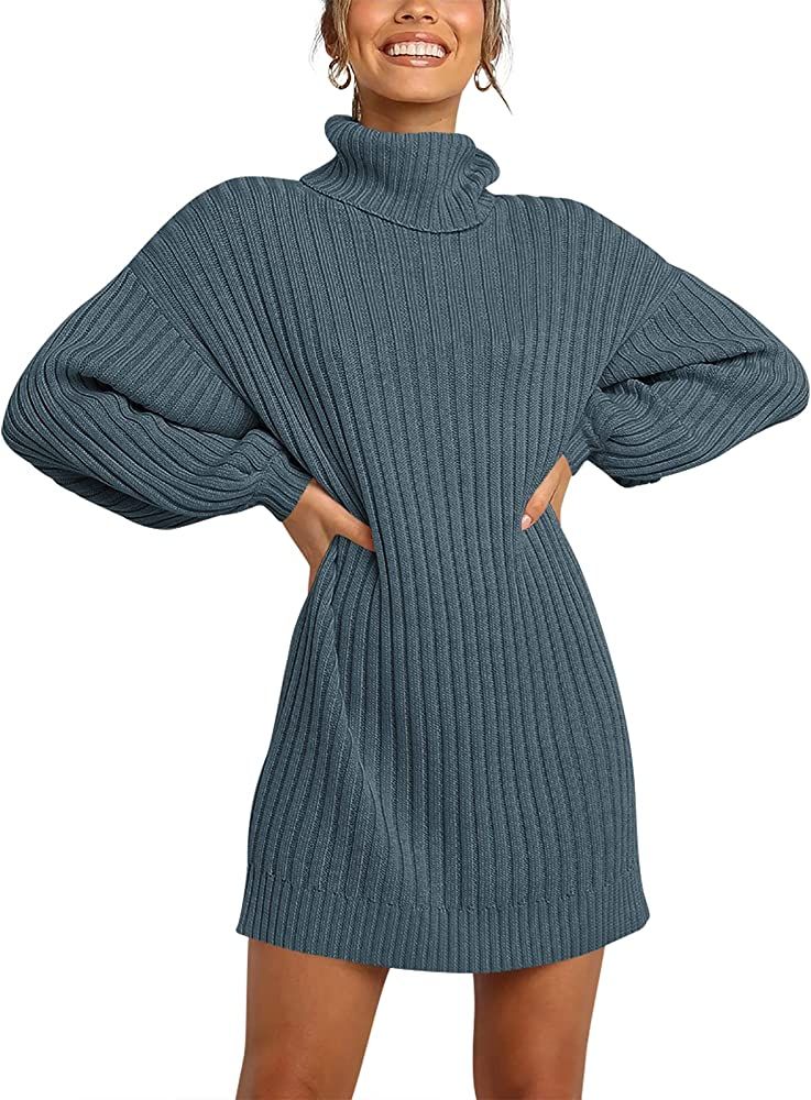 ANRABESS Women Turtleneck Long Lantern Sleeve Casual Loose Oversized Sweater Dress Soft Winter Pullo | Amazon (US)