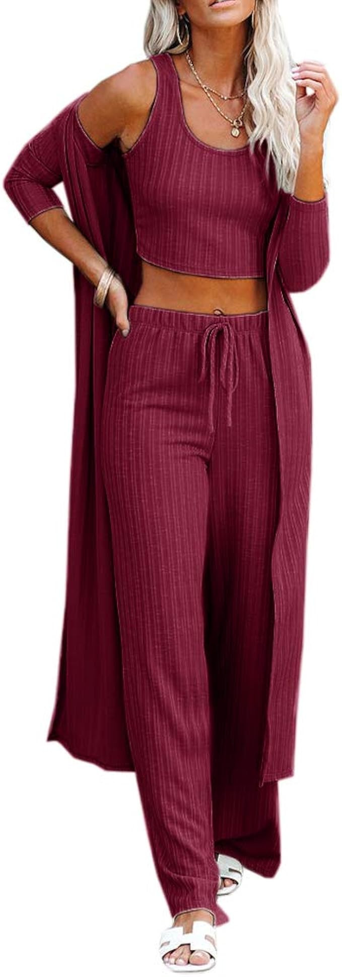 Womens Pajamas Set Fall Winter 3 Piece Loungewear Set Crop Vest Top Loose Pants and Cardigan Knit... | Amazon (US)
