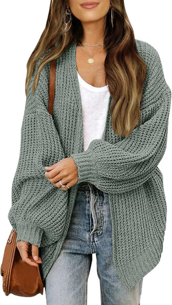MEROKEETY Women's Open Front Long Lantern Sleeve Cardigan Oversized Chunky Outwear with Pocket | Amazon (US)