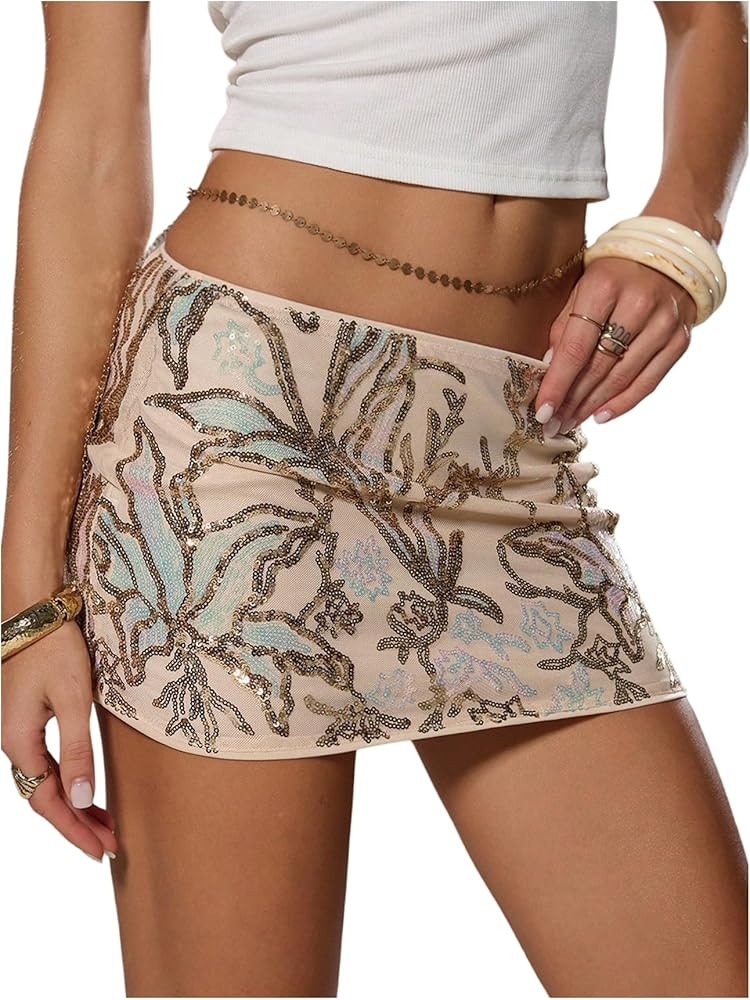 MakeMeChic Women's Floral Sequin Mini Skirt Drop Waisted Bodycon Summer Party Short Skirts | Amazon (US)