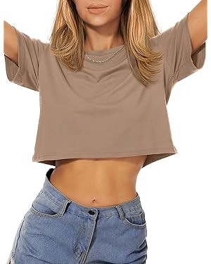 Womens Summer Crop Tops Short Sleeve Round Neck T-Shirts Loose Fit Casual Blouse 2026 | Amazon (US)
