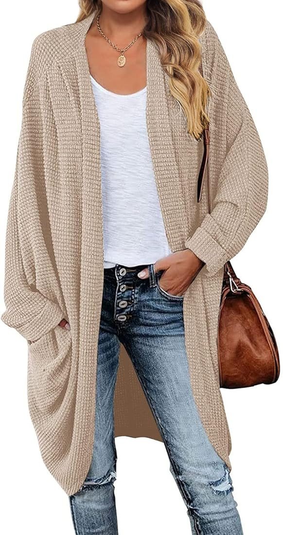 MEROKEETY Women's 2023 Fall Waffle Knit Batwing Long Sleeve Cardigan Loose Open Front Sweater Coa... | Amazon (US)
