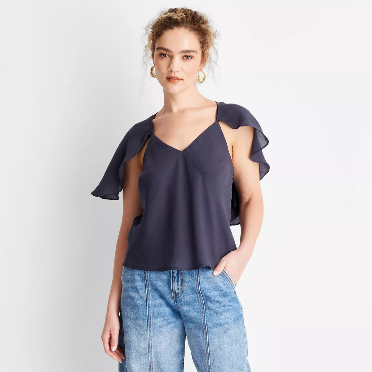 Women's Short Sleeve Cape Blouse - Future Collective Navy Blue M: , V-Neck, Chiffon, Adjustable S... | Target