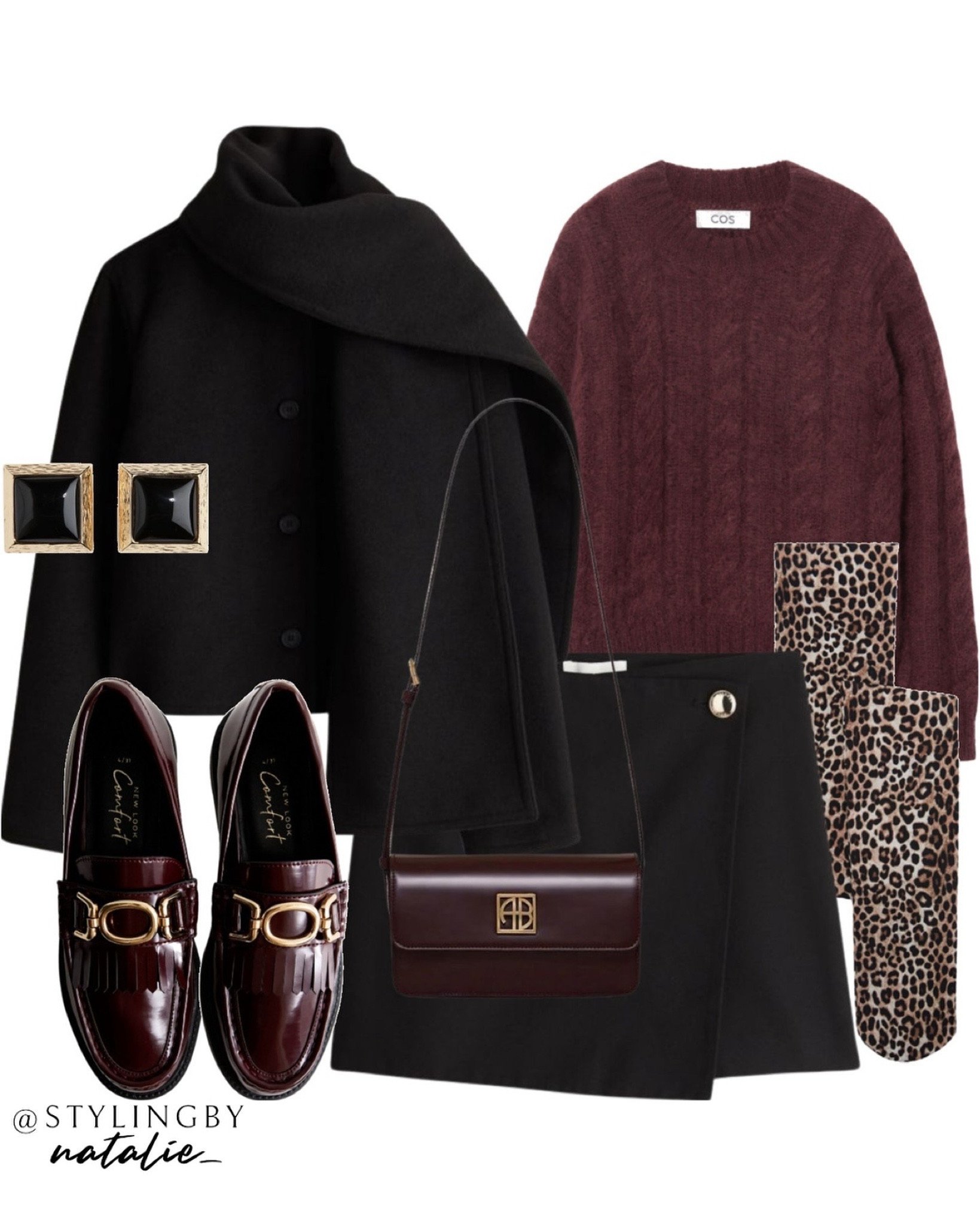Scarf detail knit coat, skort, leopard print tights, burgundy loafers, burgundy mohair cable knit jumper, square clip on earrings & Anine Bing burgundy crossbody bag.
Animal print, jacket, sweater, fall trends, autumn outfit, workwear 

#LTKworkwear #LTKstyletip #LTKautumn