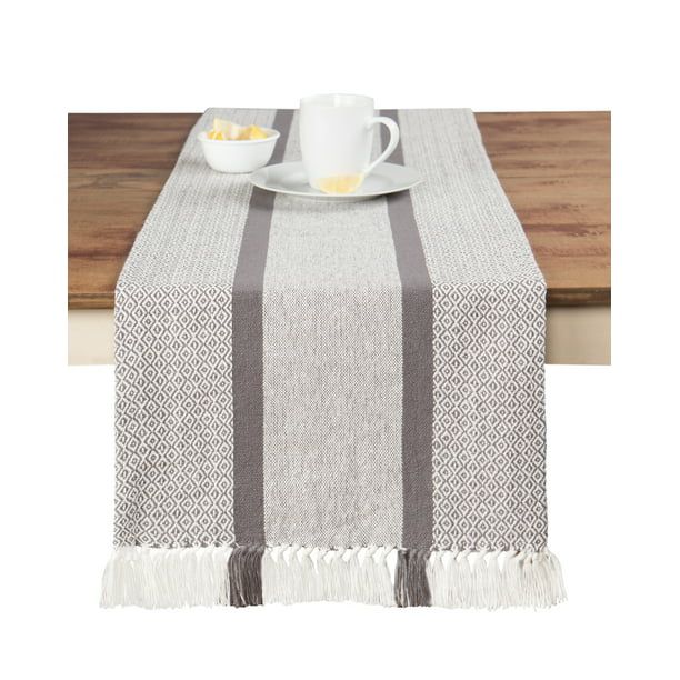Sticky Toffee Cotton Woven Table Runner with Fringe, Traditional Diamond, Gray, 14 in x 72 in | Walmart (US)