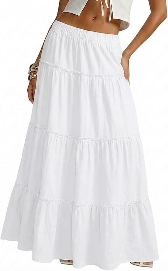Cotton Maxi Skirt for Women Flowy Tiered Boho with Elastic Waist | 100% Cotton Shell, Long A Line... | Amazon (US)
