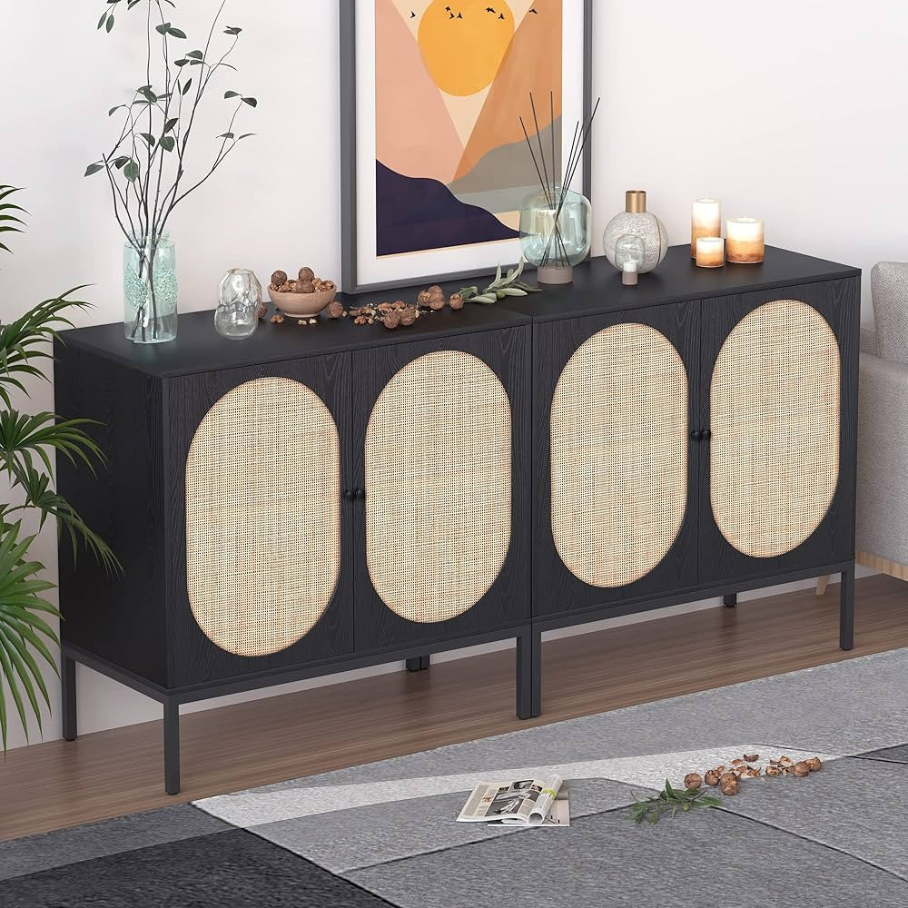 XIAO WEI Sideboard Cabinet with Handmade Natural Rattan Doors, Rattan Cabinet Accent Buffet Cabin... | Amazon (US)