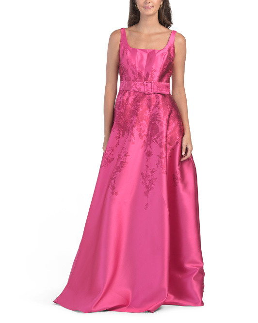 Sleeveless Floral Mikado Gown With Belt | TJ Maxx