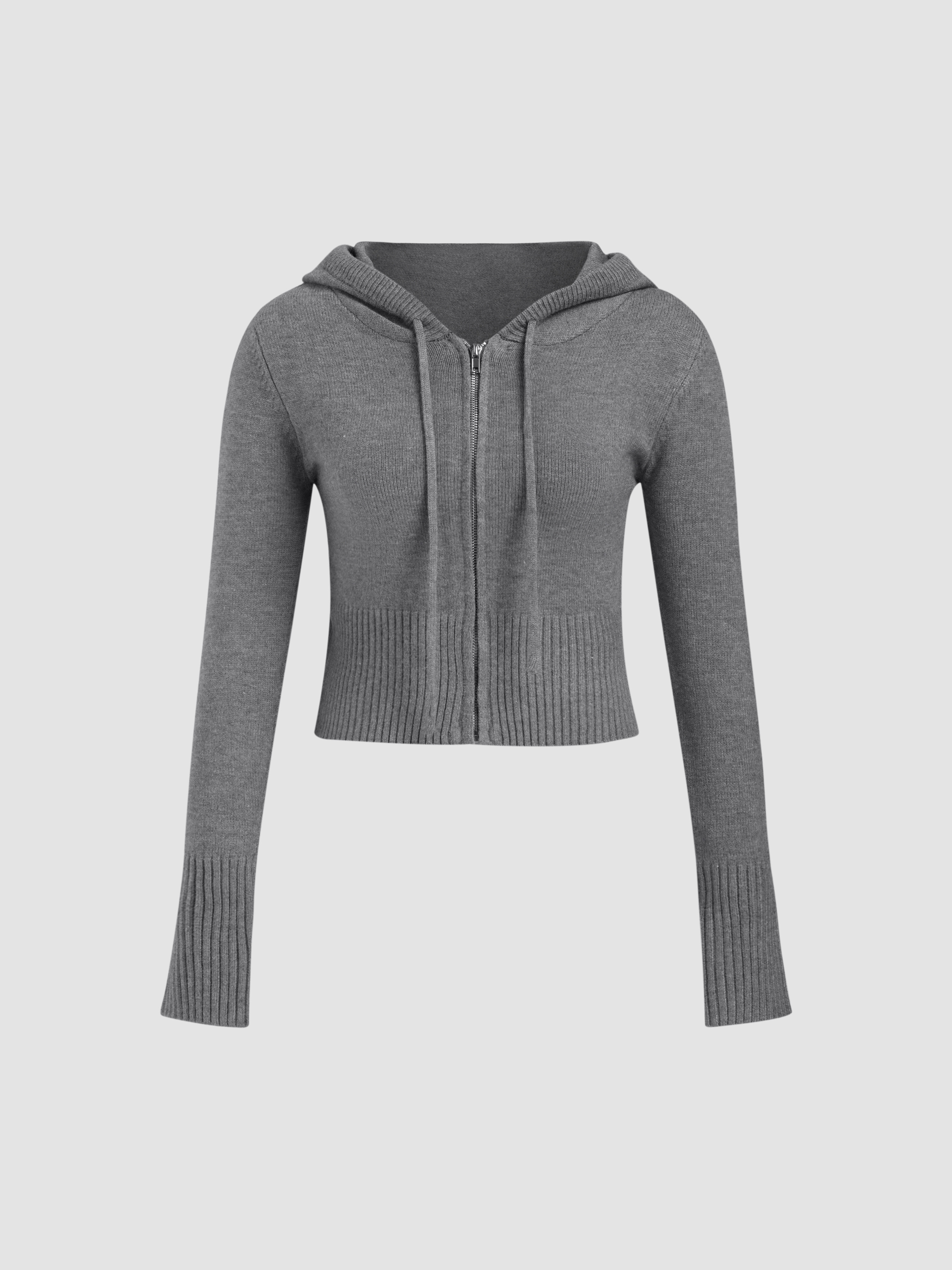 Knit Fabric Knit Hooded Drawstring Cropped Long Sleeve Top For Daily Casual | Cider