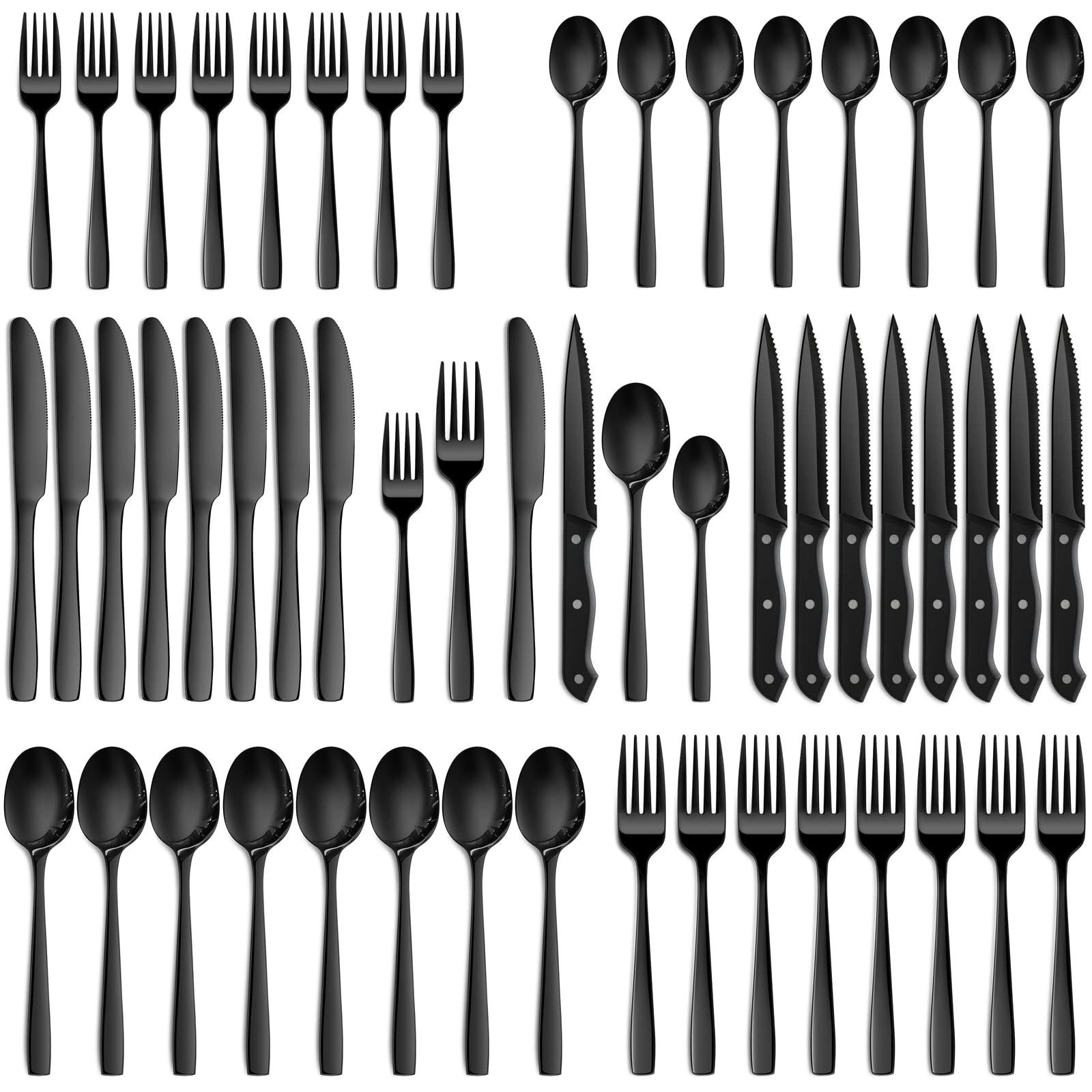 48 Pieces Black Silverware Set, Black Flatware Set with Steak Knives, Food-Grade Stainless Steel ... | Amazon (US)