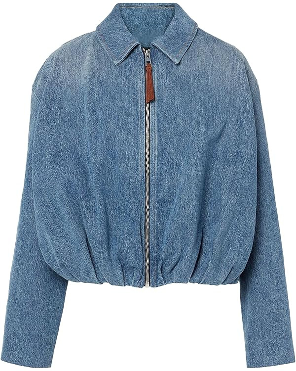 Women's Denim Jacket Draped Loose Fit Zip-Up Collared Casual Bomber Style Coat Lightweight Outerw... | Amazon (CA)