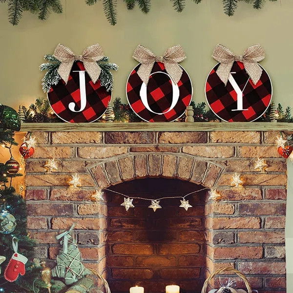 Christmas Decorations Joy Sign Buffalo Check Plaid Wreath for Front Door Rustic Holiday Home Wind... | Wayfair North America