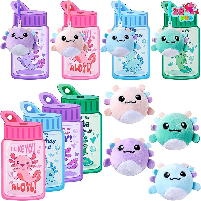 JOYIN 28 Pcs Valentine's Day Cards for Kids Classroom, Valentines Axolotl Plush Toy Keychain with... | Amazon (US)