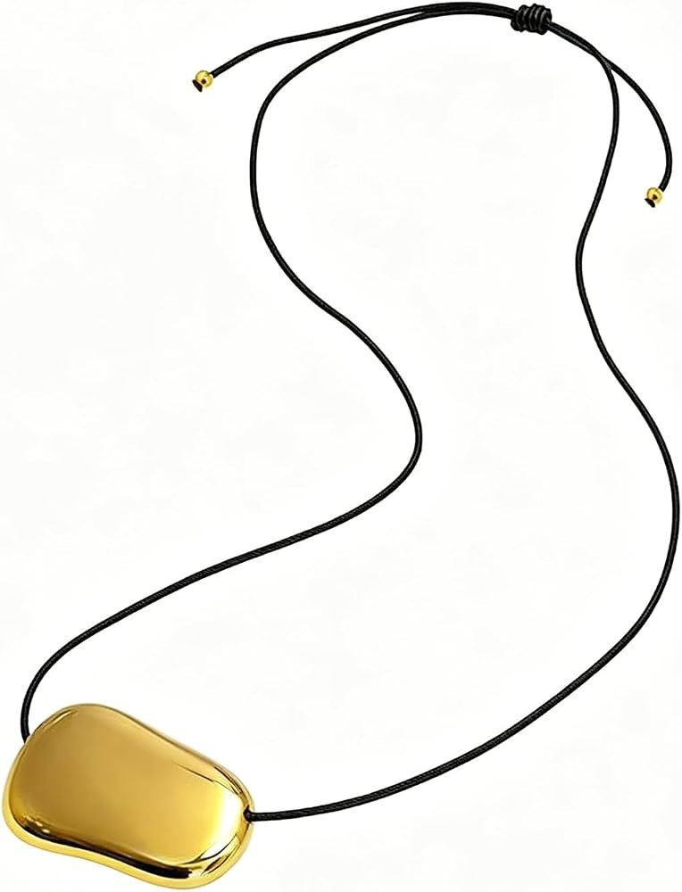18K Gold Bean Necklace Silver Chunky Necklace, Minimalist Pebble Pendant Adjustable Black Cord Necklace, Trendy Statement Jewelry for Daily Office Wear | Amazon (US)