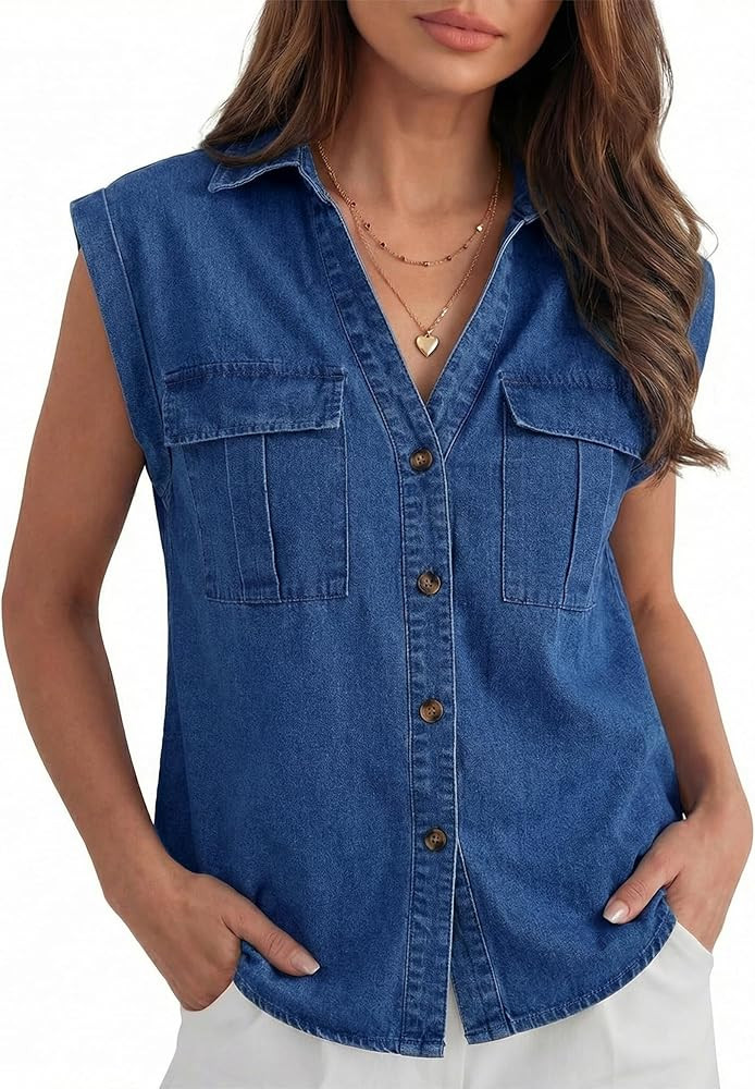 POTILI Women's Sleeveless Denim Shirts, Button Down V Neck Jean Cap Blouse Top Trendy Casual | Amazon (US)