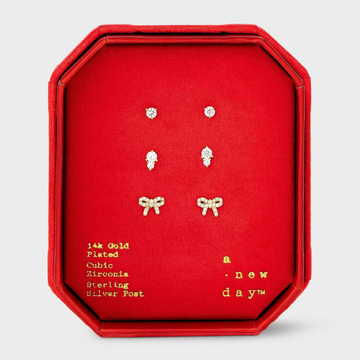 14K Gold Plated Cubic Zirconia Bow and Stud Earring Set 3pc - A New Day™ Gold | Target