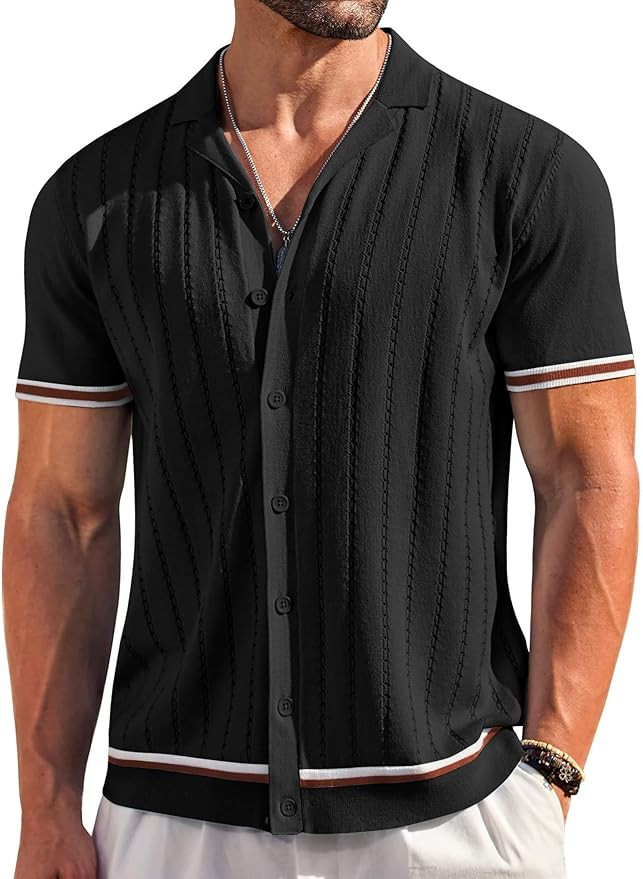 COOFANDY Men's Short Sleeve Knit Shirt Casual Button Down Shirt Vintage Striped Knitted Golf Beac... | Amazon (US)