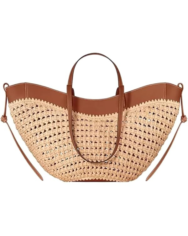 BAGS Women's Casual Straw Woven Leather Handbag Cowhide Spliced Bags Summer Beach Vacation Purse... | Amazon (US)