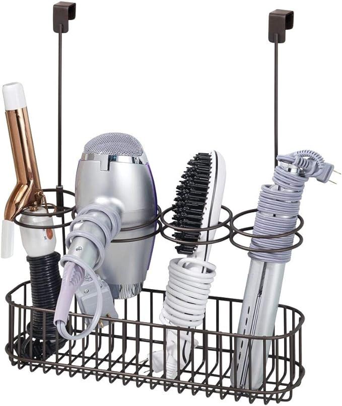 mDesign Over Door Bathroom Hair Care & Styling Tool Organizer Storage Basket for Hair Dryer, Flat... | Amazon (US)