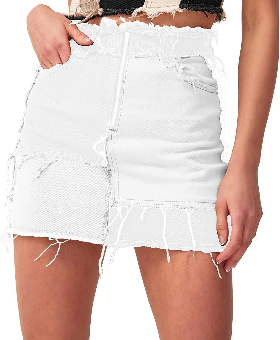 Tulucky Womens Fashion Mid-Rise Color Blocking Patchwork Ripped Stretch Denim Skirts | Amazon (US)
