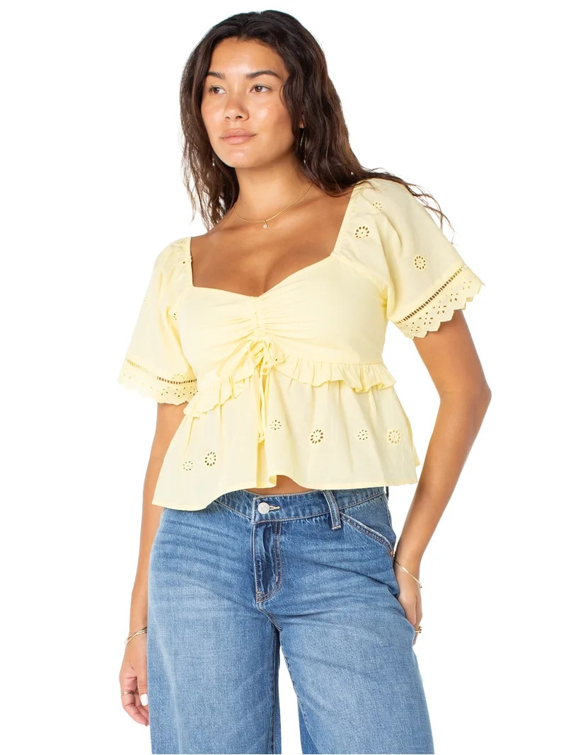 Celebrity Pink Women's Embroidered Eyelet Peplum Top, Sizes XS-XXXL | Walmart (US)