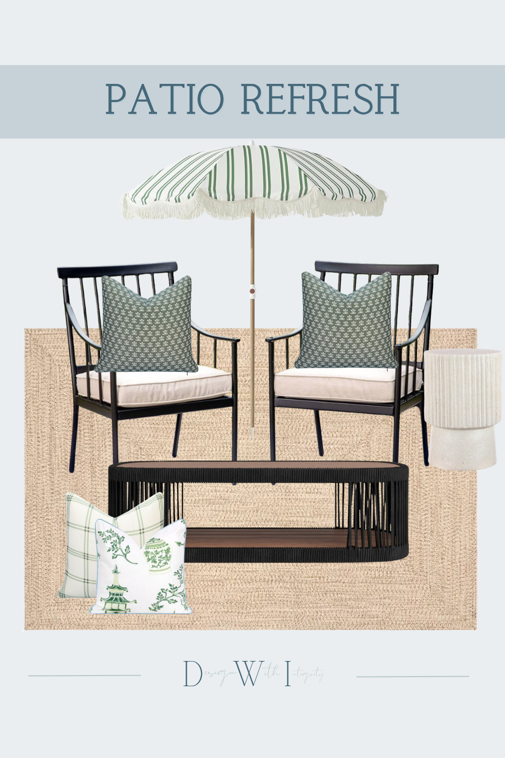 Green is having a moment outdoors, and this patio pairing shows exactly why. Soft sage and classic ivory bring a fresh, garden inspired feel to the space, while black furniture adds just enough contrast to keep everything feeling polished and sophisticated.

I love the mix of petite botanical prints, tailored plaid, and chinoiserie inspired patterns. Layered with a natural woven rug, striped fringe umbrella, and textural outdoor furniture, the result feels collected, timeless, and perfect for an intimate patio or conversation area.

Tap through to shop the outdoor pillows, furniture, rug, umbrella, and decor selections to recreate the look.

#OutdoorLiving #PatioDecor #OutdoorPillows

#OutdoorPillows #PatioRefresh #OutdoorFurniture #PatioFurniture #OutdoorDecor #OutdoorLiving #PatioDecor #PatioInspiration #GreenAndWhiteDecor #SageGreenDecor #ChinoiserieDecor #OutdoorRug #PatioUmbrella #SmallPatioIdeas #SummerDecor 

 #LTKSeasonal #LTKHome