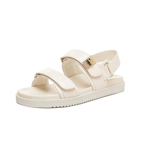 Rihero Women's Flat Sandals Comfort Adjustable Double Strap Slip on Leather Footbed White Sandals with Back Strap Size 5.5 | Amazon (US)