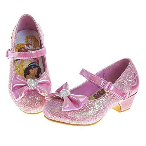 Disney Shoes - Girls Mary Jane Flat Pump Strap with Bow - Character Princess Dress up Costume Flower School Party Slip on - Pink Glitter (Size 9 Toddler) | Amazon (US)