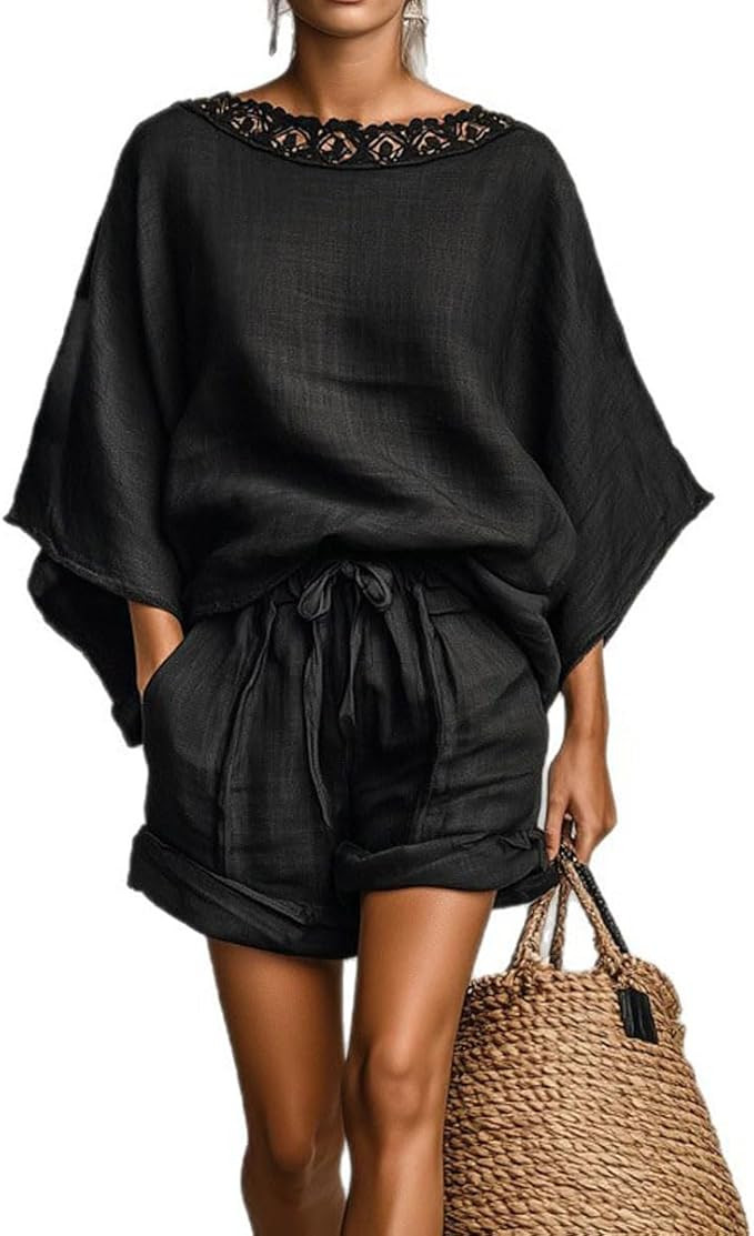 Wuitrie Two Piece Lounge Set for Women Half Sleeve Lace Trim T-Shirt Tops Casual High Waist Short... | Amazon (US)