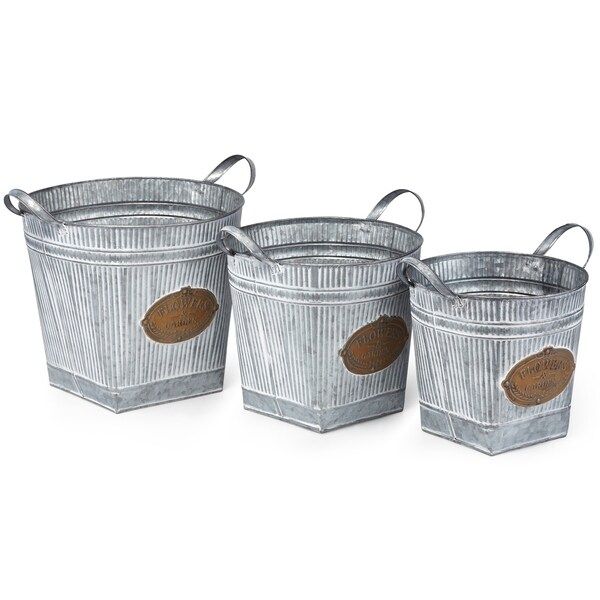 Attractive Washed Finish Round Galvanized Planters, Gray (Set Of 3) | Bed Bath & Beyond