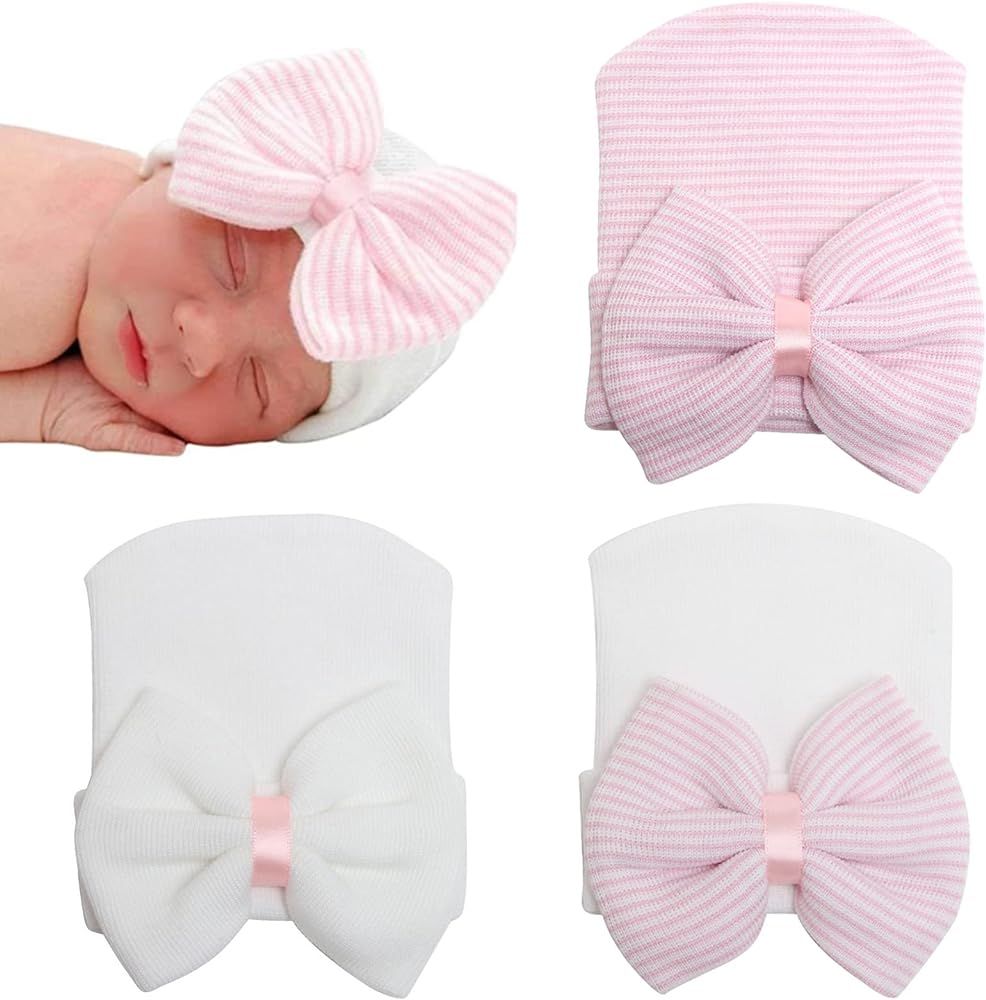 DRESHOW BQUBO Newborn Hospital Hat Infant Baby Hat Cap with Big Bow Soft Cute Knot Nursery Beanie | Amazon (US)