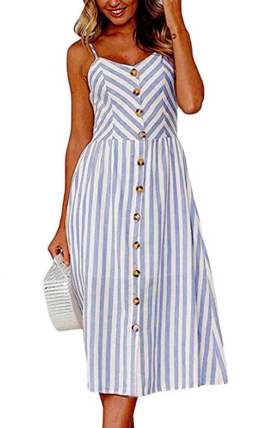 Angashion Women's Dresses-Summer Floral Bohemian Spaghetti Strap Button Down Swing Midi Dress wit... | Amazon (US)