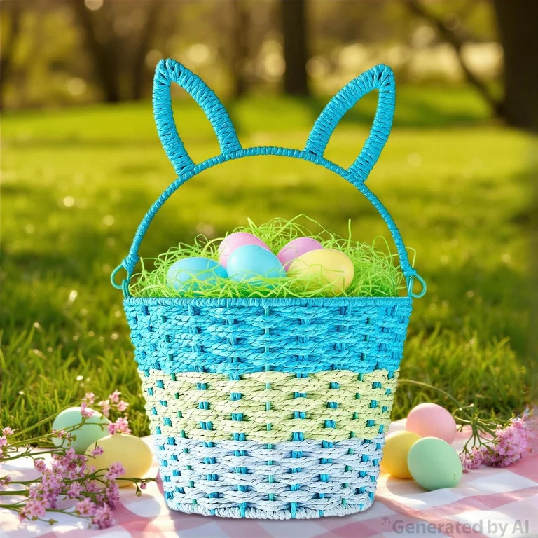 Round Bunny Ear Handle Paper Basket, Blue and Green, 9" x 6.5", Easter by Way To Celebrate | Walmart (US)