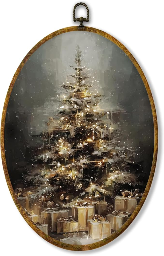 Hiuwevt Vintage Christmas Tree Oval Wall Art Decor, Rustic Christmas Framed Canvas Prints, Cozy F... | Amazon (US)
