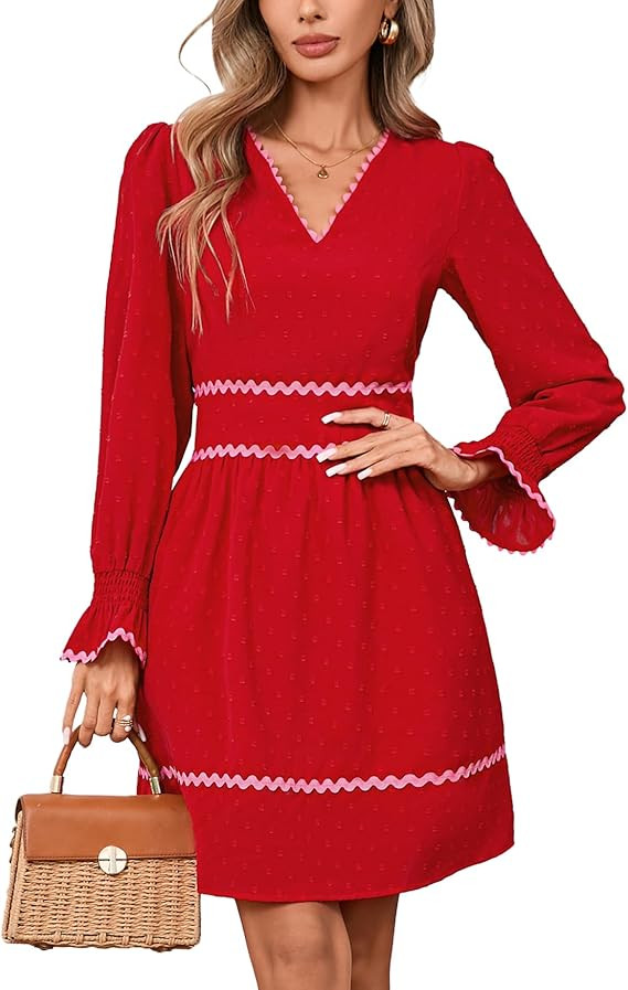 Women's Long Sleeve V Neck Smocked Elastic Waist Dress RIC Rac Swiss Dot Casual A Line Mini Dress | Amazon (US)
