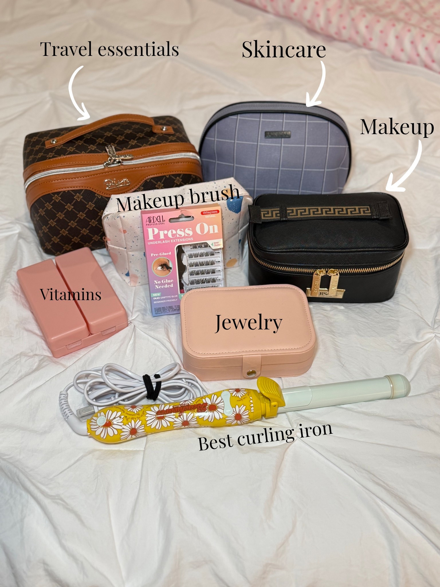 Traveling essentials, makeup, brushes, vitamins, jewelry, eyelashes, curling, iron ￼￼

#LTKBeauty #LTKTravel #LTKdayinmylife