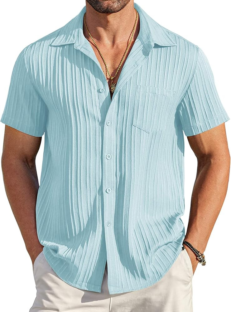 COOFANDY Men's Casual Button Down Shirts Short Sleeve Textured Summer Beach Shirt with Pocket | Amazon (US)