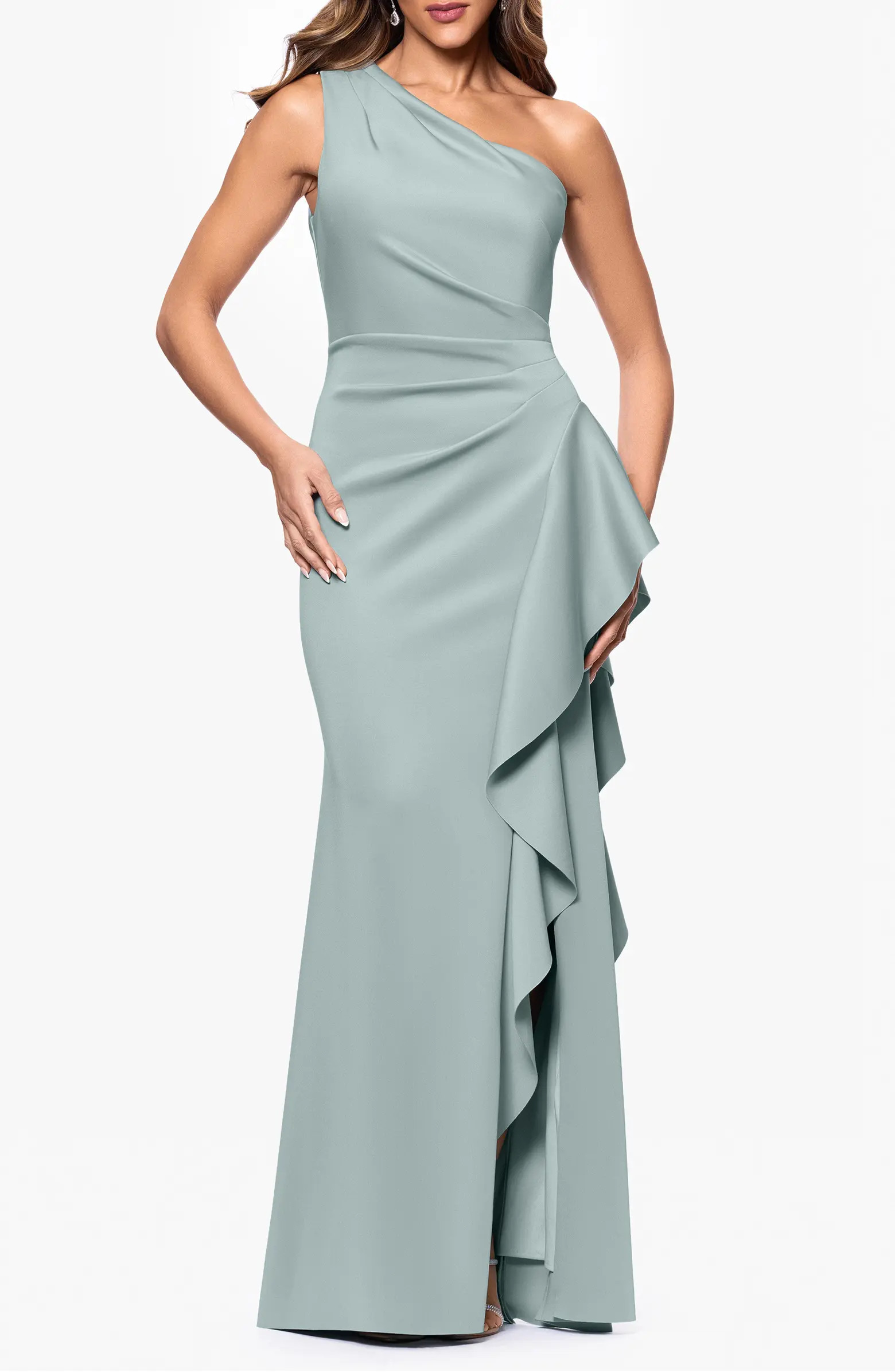 One-Shoulder Ruffle Scuba Crepe Gown | Nordstrom