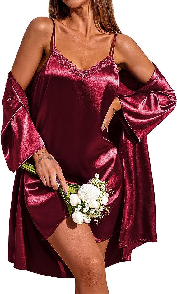 Ekouaer Women's Satin Robe Set Silk Pajama Sets Nightgown with Robes Lace Cami Sleepwear Bridesma... | Amazon (US)