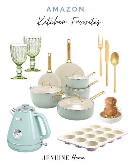 Kitchen favorites. Light green blue kitchen pots. Electric tea kettle. Pink ceramic muffin tin. Gold silverware lead free. Lead free green glass cups. Coastal kitchen. Airy kitchen. Bamboo scrub brush  

#LTKhome