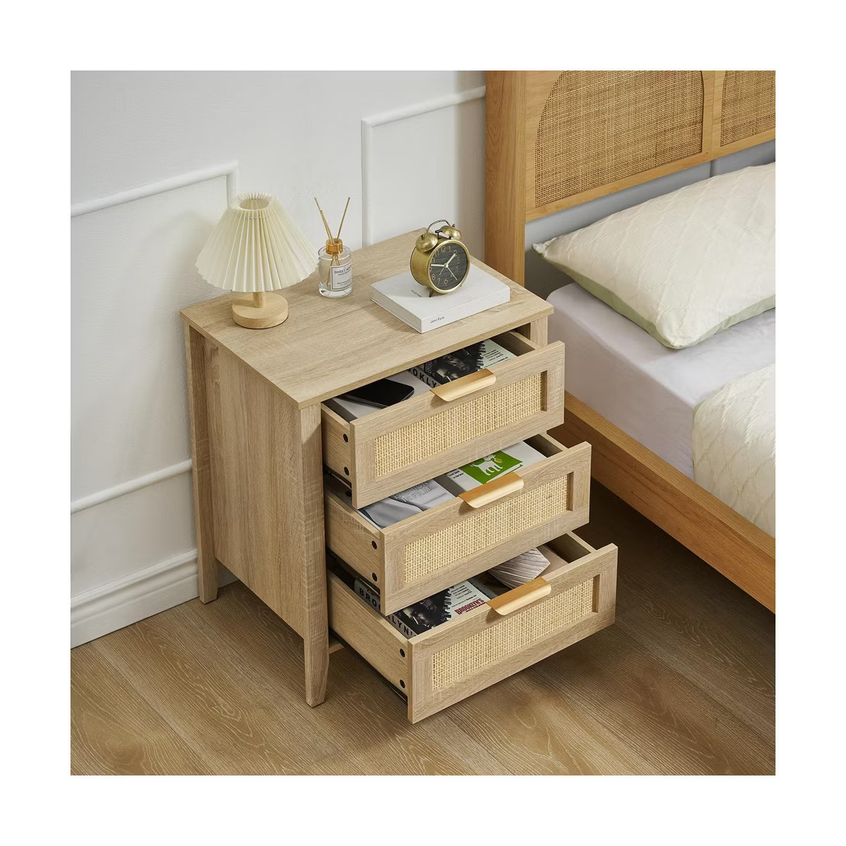 Nightstand, Rattan End Table, Nightstands with 3 Natural Rattan Drawers | Target