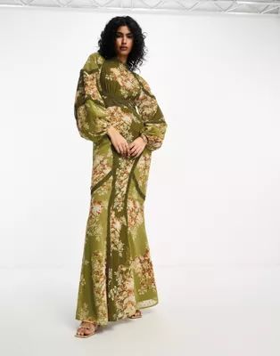 ASOS DESIGN long sleeve lace insert bias maxi dress in green floral print | ASOS (Global)
