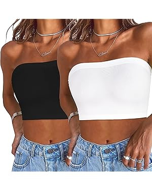 Womens Tube Tops Summer Bandeau Casual Crop Top Going Out Strapless Tank Basic Short Shirt | Amazon (US)