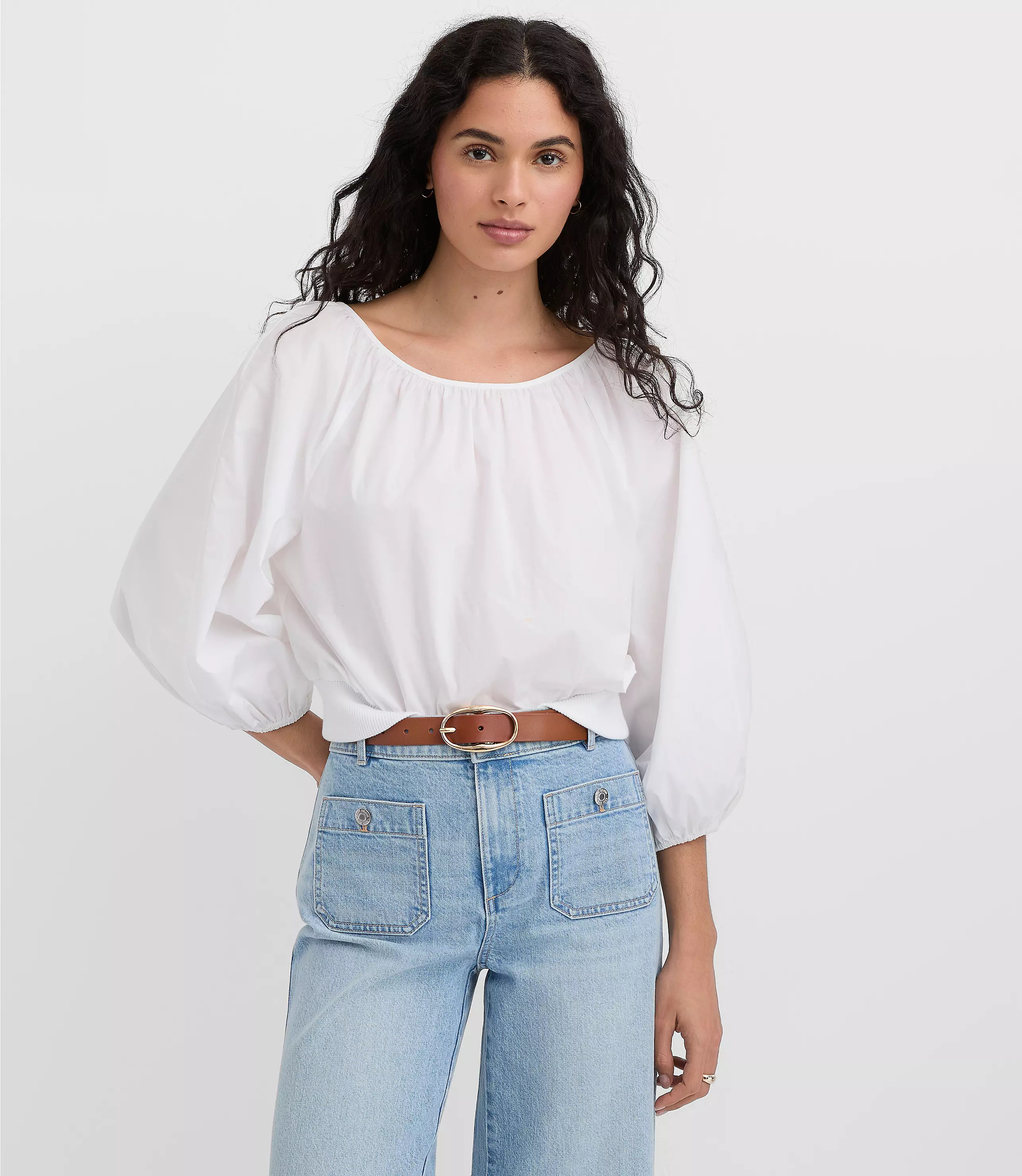 Poplin Ribtrim Boatneck Blouse | LOFT