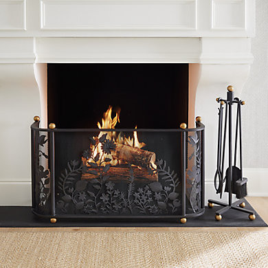 Brixham Low Curved Black Firescreen Handmade Iron Botanical Fireplace Guard | Ballard Designs, Inc.