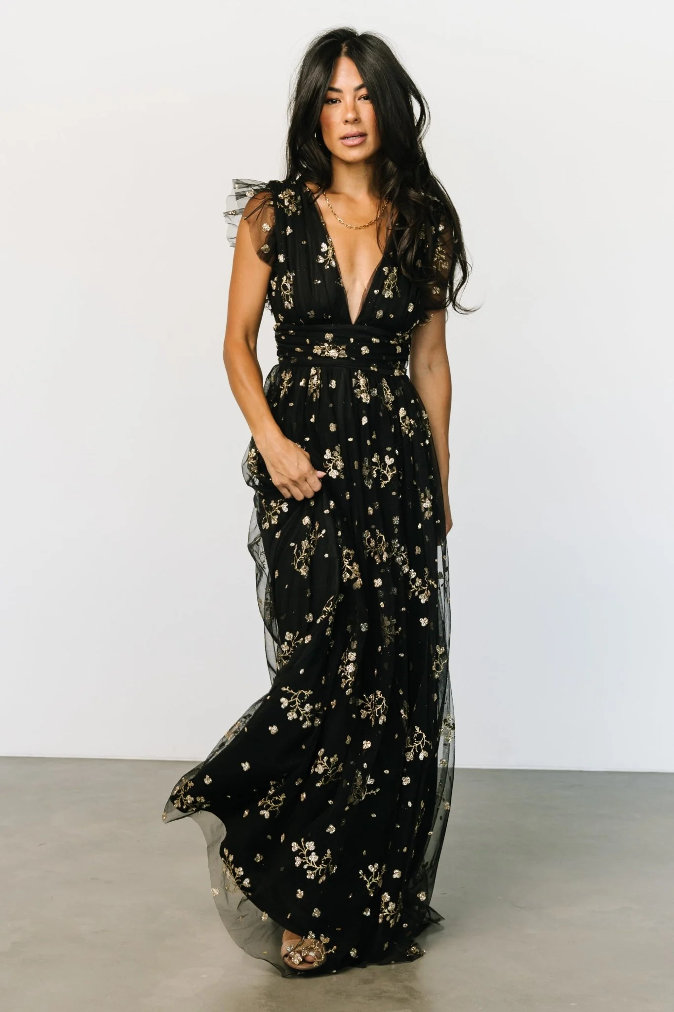 Natalia Floral Embellished Maxi Dress | Black + Gold | Baltic Born