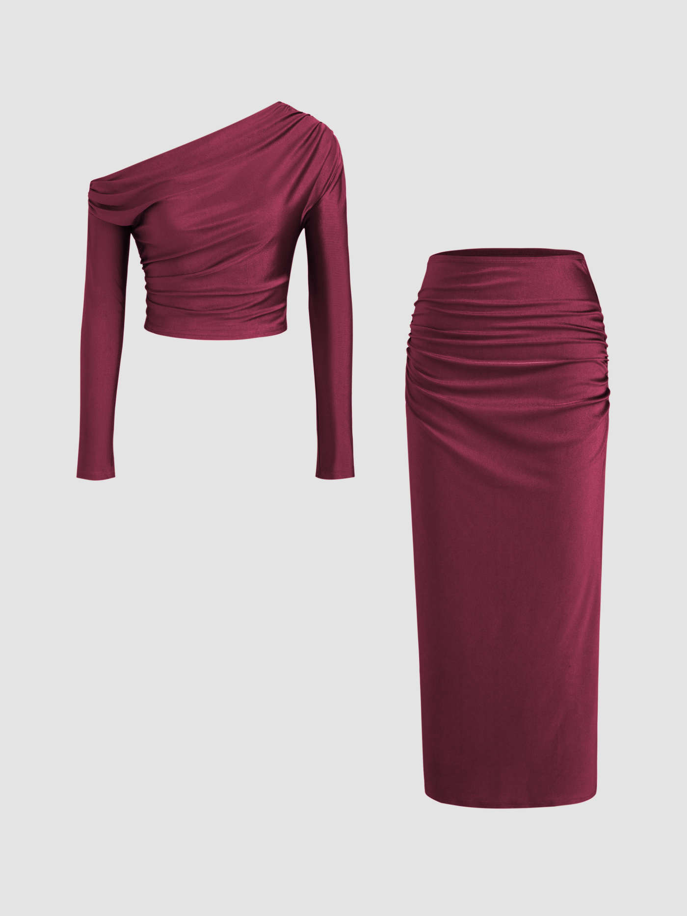 Knit Fabric Asymmetrical Neck Long Sleeve Crop Top & Mid Rise Ruched Maxi Skirt For Date | Cider