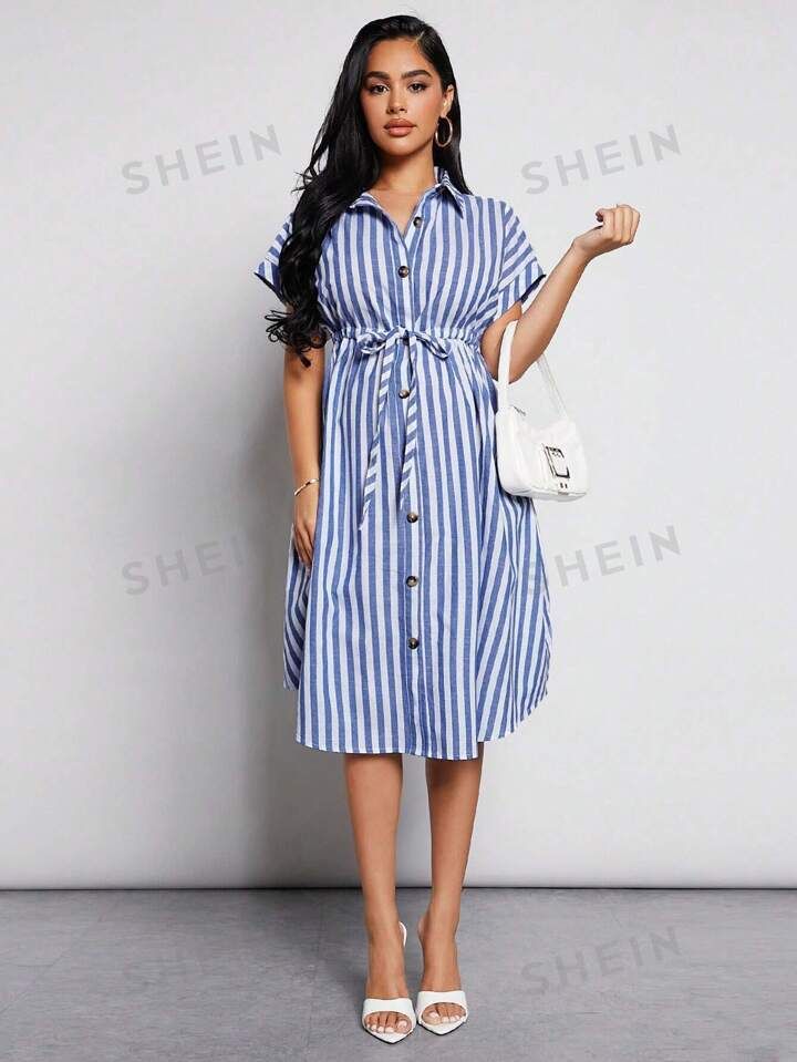 SHEIN Maternity Striped Print Drawstring Waist Shirt Dress | SHEIN