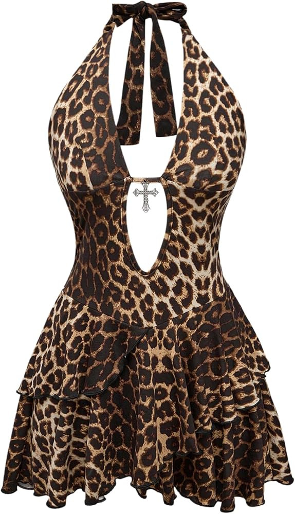 SOLY HUX Women's Cheetah Print Backless Halter Mini Dress     Y2k Style Dresses, Gothic, Deep V N... | Amazon (US)